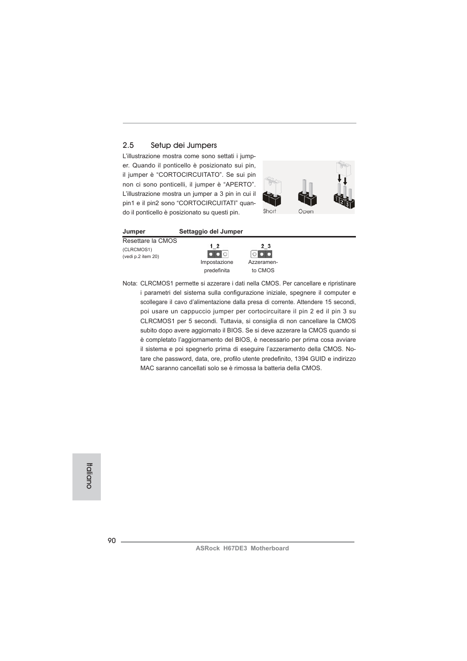 5 setup dei jumpers, Italiano | ASRock H67DE3 User Manual | Page 90 / 253