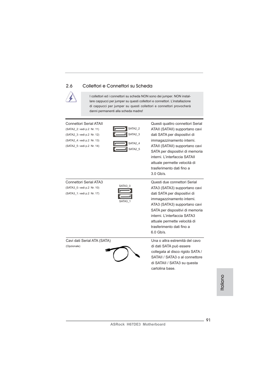 Italiano, 6 collettori e connettori su scheda | ASRock H67DE3 User Manual | Page 91 / 253