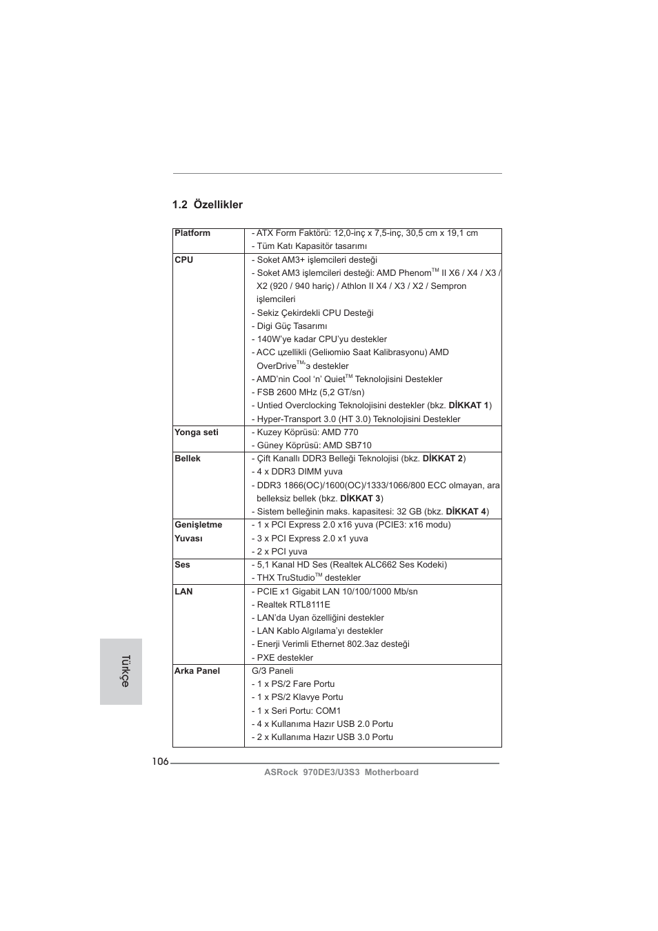 2 özellikler, Türkçe | ASRock 970DE3__U3S3 User Manual | Page 106 / 179