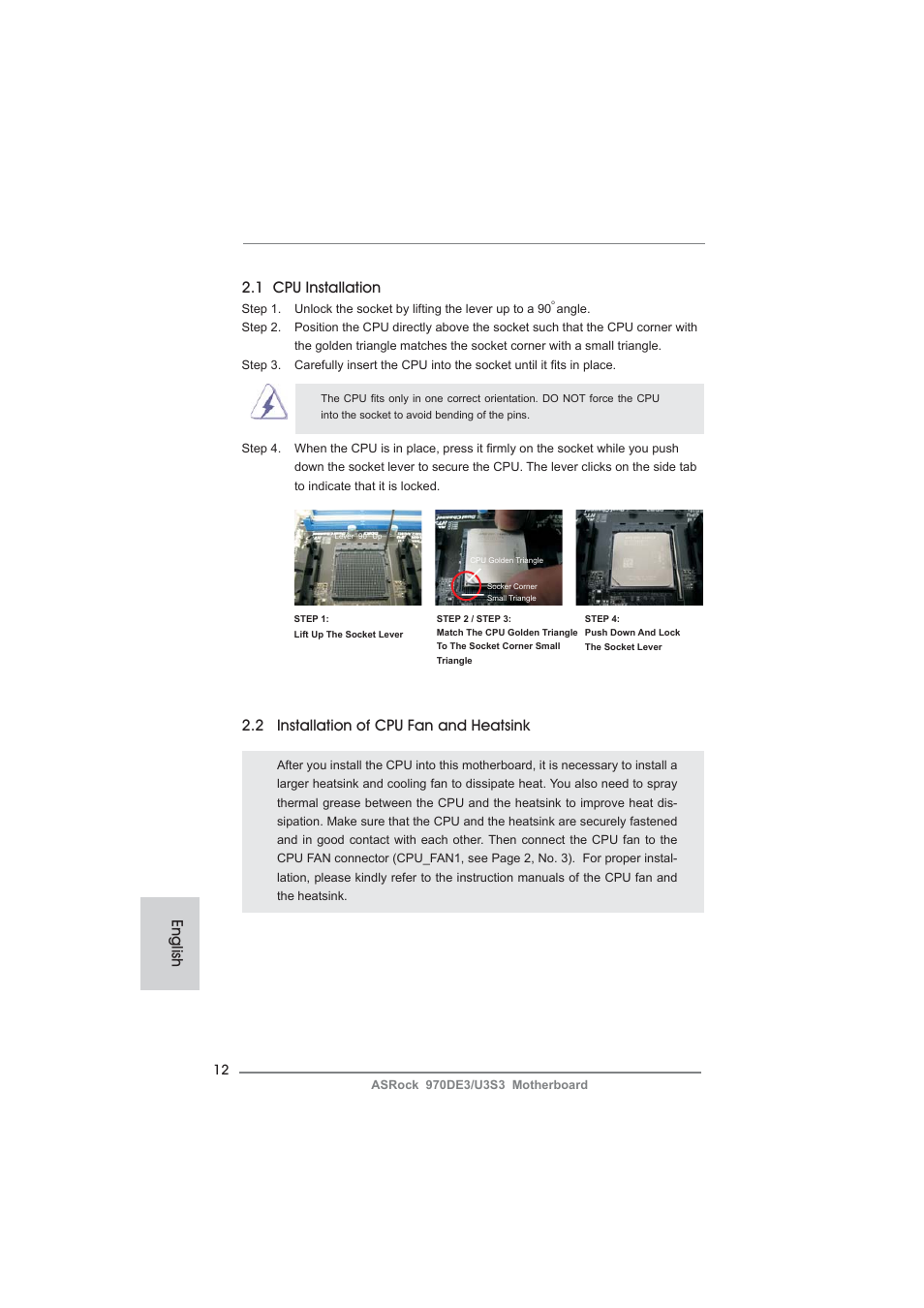 English, 1 cpu installation, 2 installation of cpu fan and heatsink | ASRock 970DE3__U3S3 User Manual | Page 12 / 179