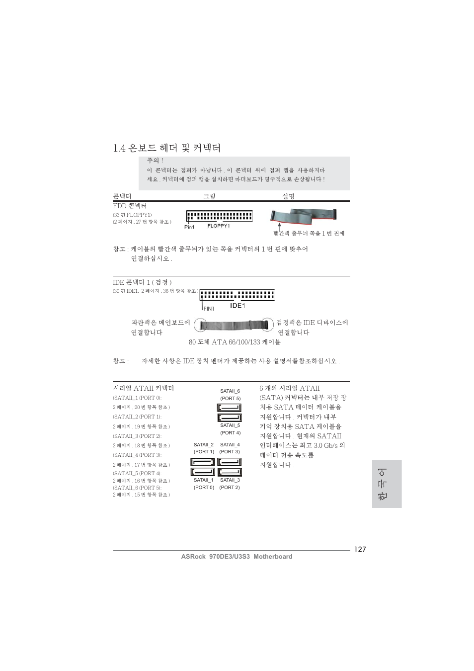 한 국 어, 4 온보드 헤더 및 커넥터 | ASRock 970DE3__U3S3 User Manual | Page 127 / 179
