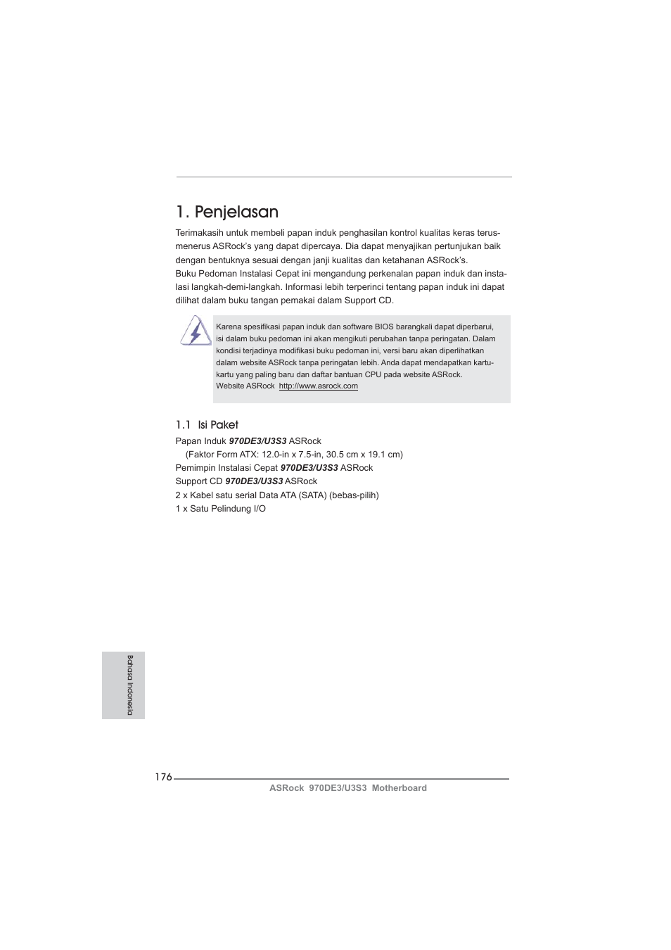 Indonesian, Penjelasan, 1 isi paket | ASRock 970DE3__U3S3 User Manual | Page 176 / 179