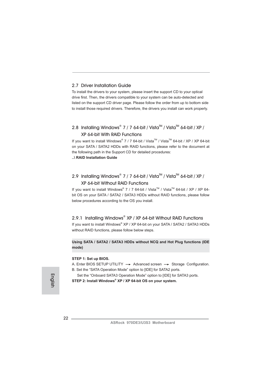 English 2.8 installing windows, 7 / 7 64-bit / vista, Vista | Bit / xp / xp 64-bit with raid functions, 7 driver installation guide, 9 installing windows, Bit / xp / xp 64-bit without raid functions, 1 installing windows, Xp / xp 64-bit without raid functions | ASRock 970DE3__U3S3 User Manual | Page 22 / 179