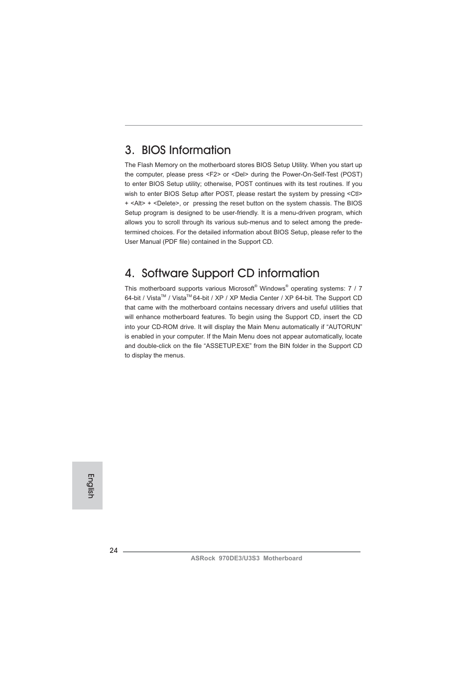 Bios information, Software support cd information, English | ASRock 970DE3__U3S3 User Manual | Page 24 / 179