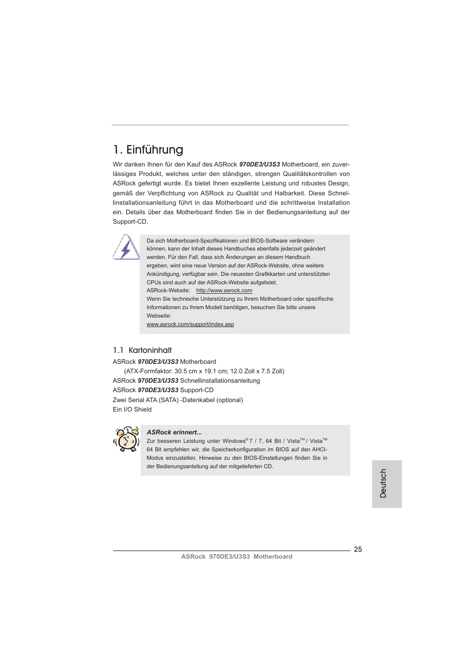 German, Einführung, Deutsch | 1 kartoninhalt | ASRock 970DE3__U3S3 User Manual | Page 25 / 179