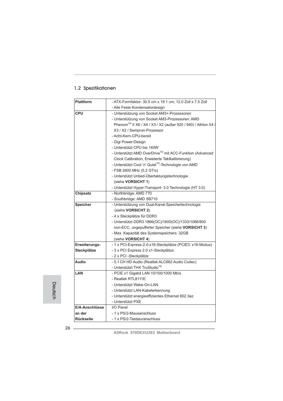 2 spezifikationen, Deutsch | ASRock 970DE3__U3S3 User Manual | Page 26 / 179