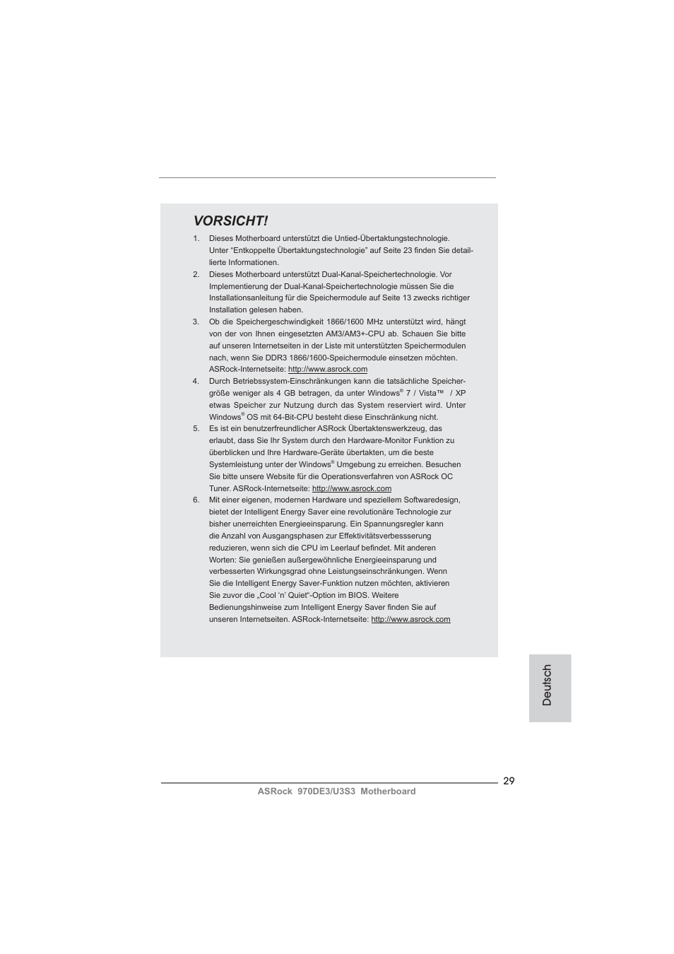 Vorsicht, Deutsch | ASRock 970DE3__U3S3 User Manual | Page 29 / 179