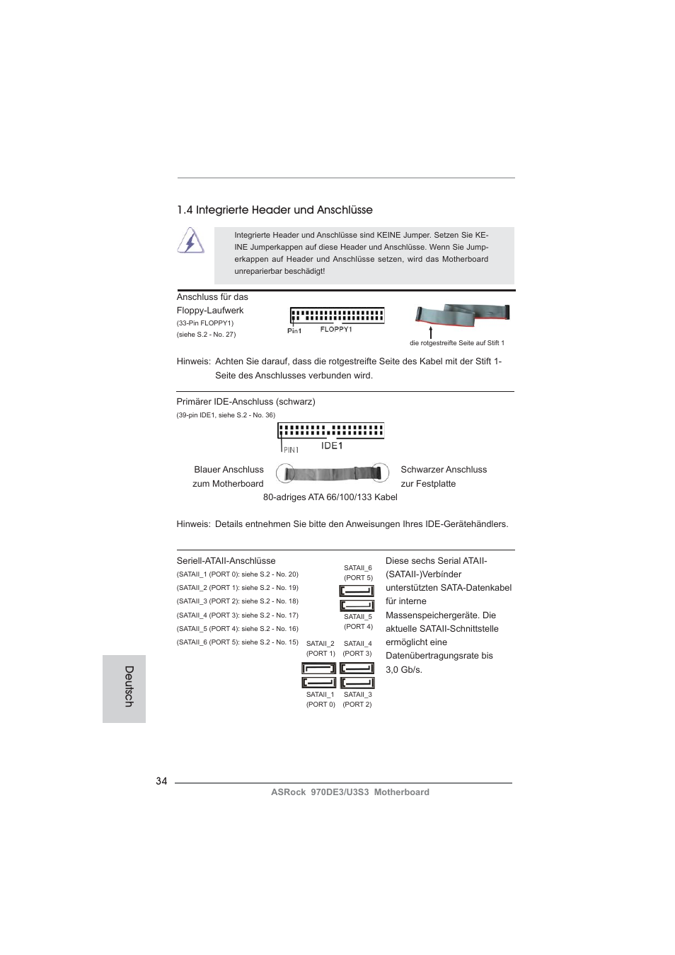 Deutsch, 4 integrierte header und anschlüsse | ASRock 970DE3__U3S3 User Manual | Page 34 / 179