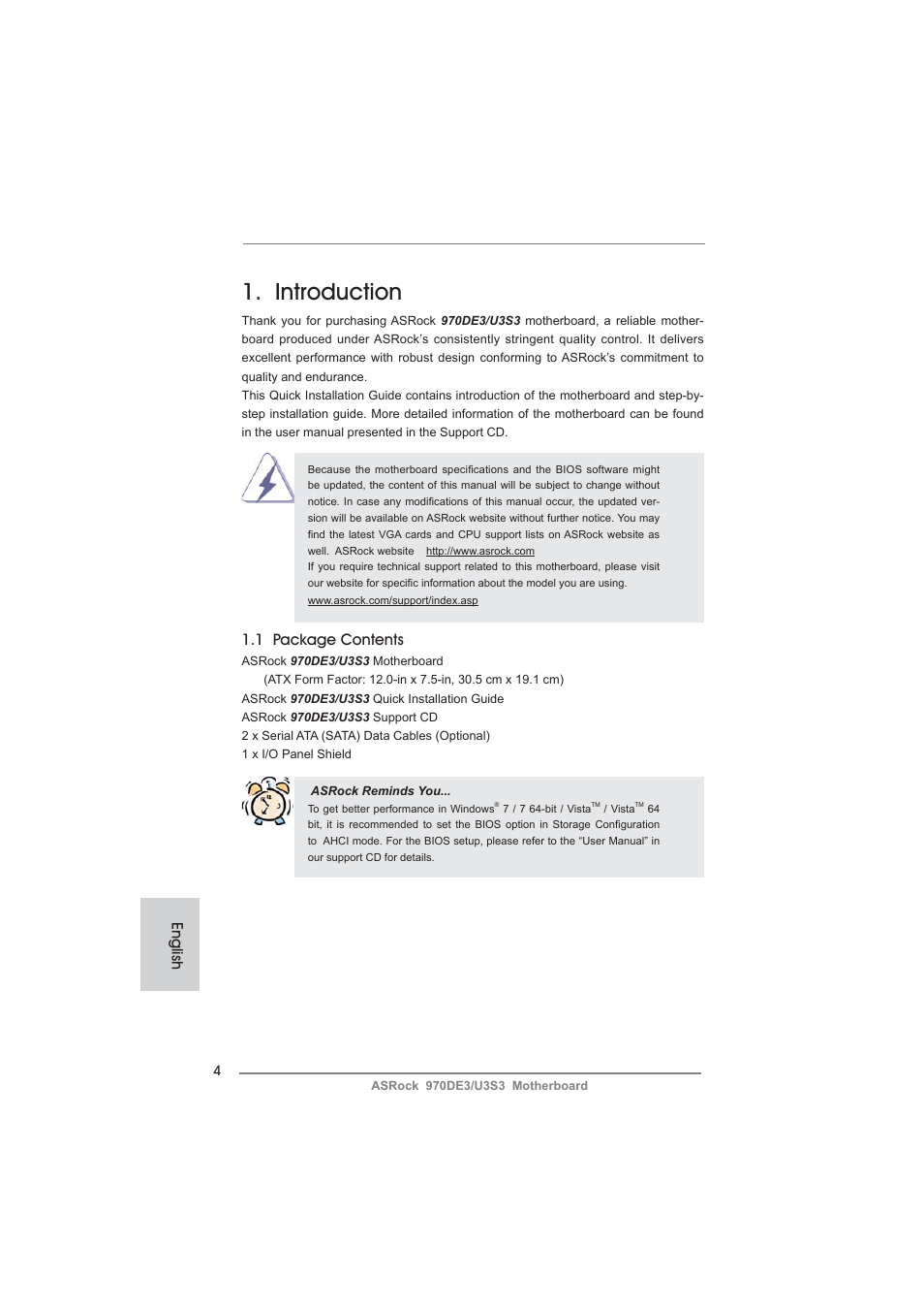 Introduction, English, 1 package contents | ASRock 970DE3__U3S3 User Manual | Page 4 / 179