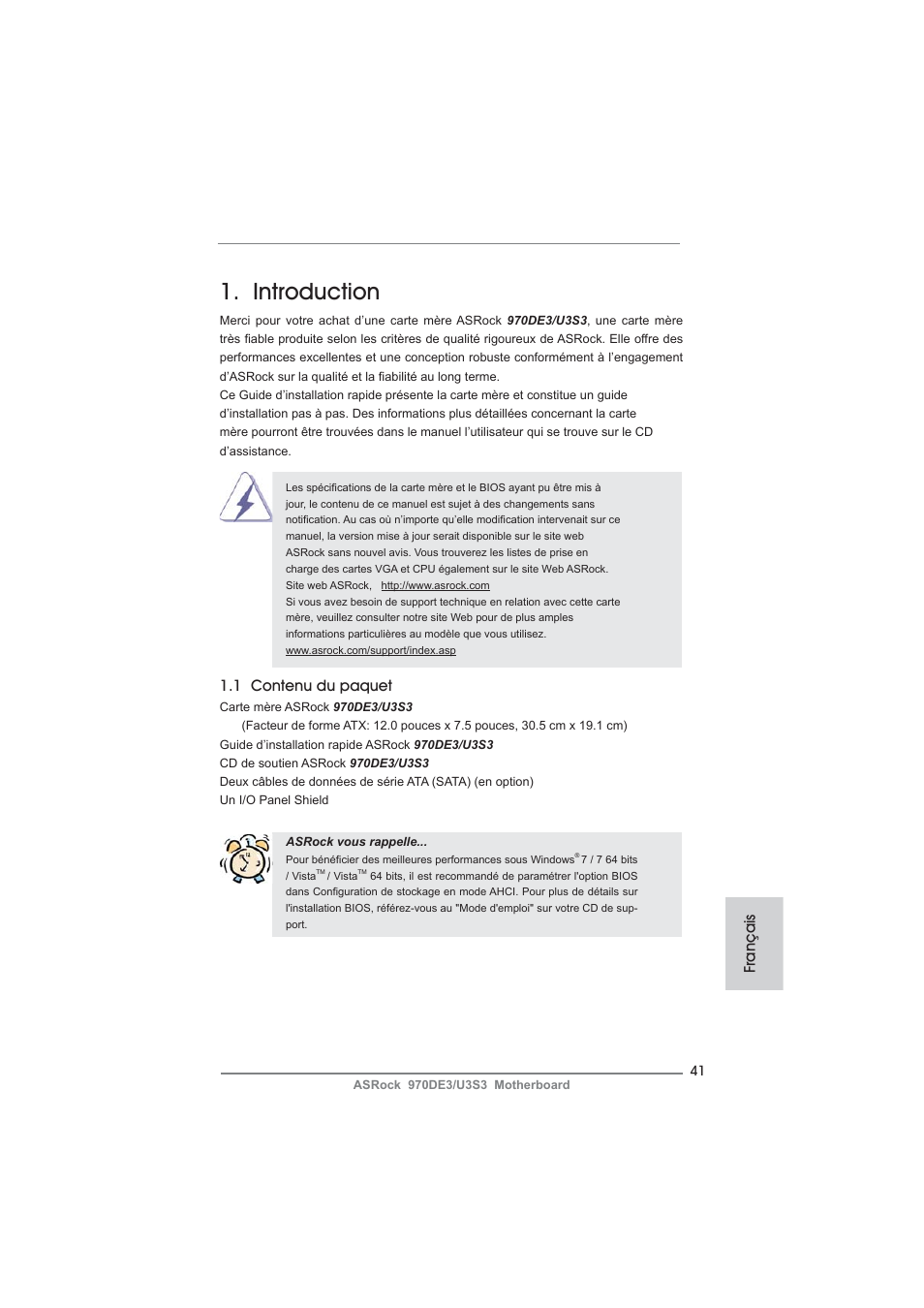 French, Introduction, 1 contenu du paquet | Français | ASRock 970DE3__U3S3 User Manual | Page 41 / 179