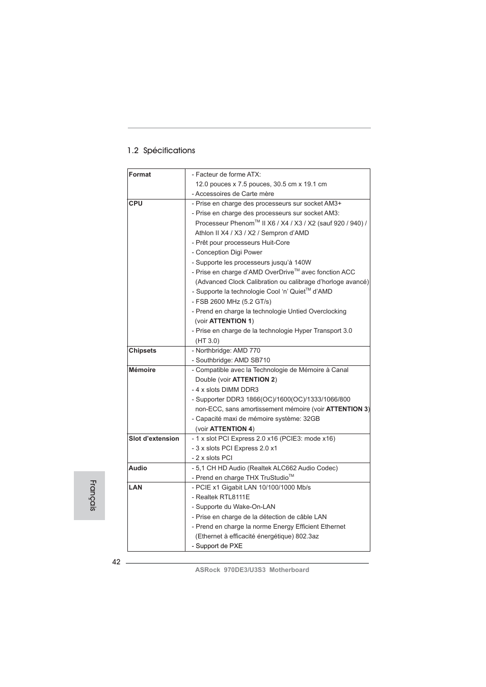 Français 1.2 spécifications | ASRock 970DE3__U3S3 User Manual | Page 42 / 179