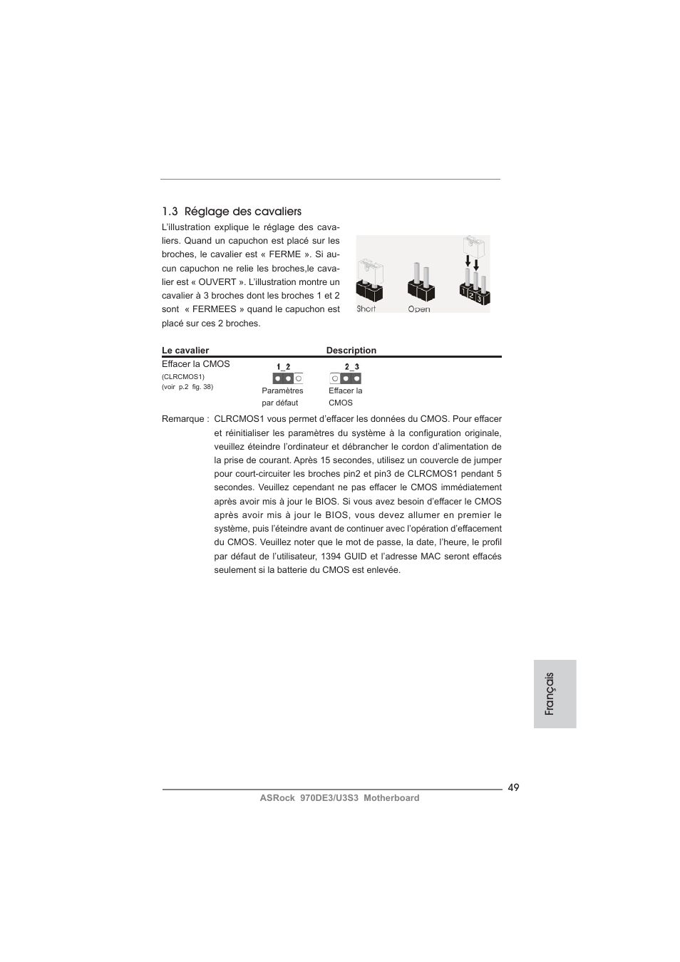 Français 1.3 réglage des cavaliers | ASRock 970DE3__U3S3 User Manual | Page 49 / 179
