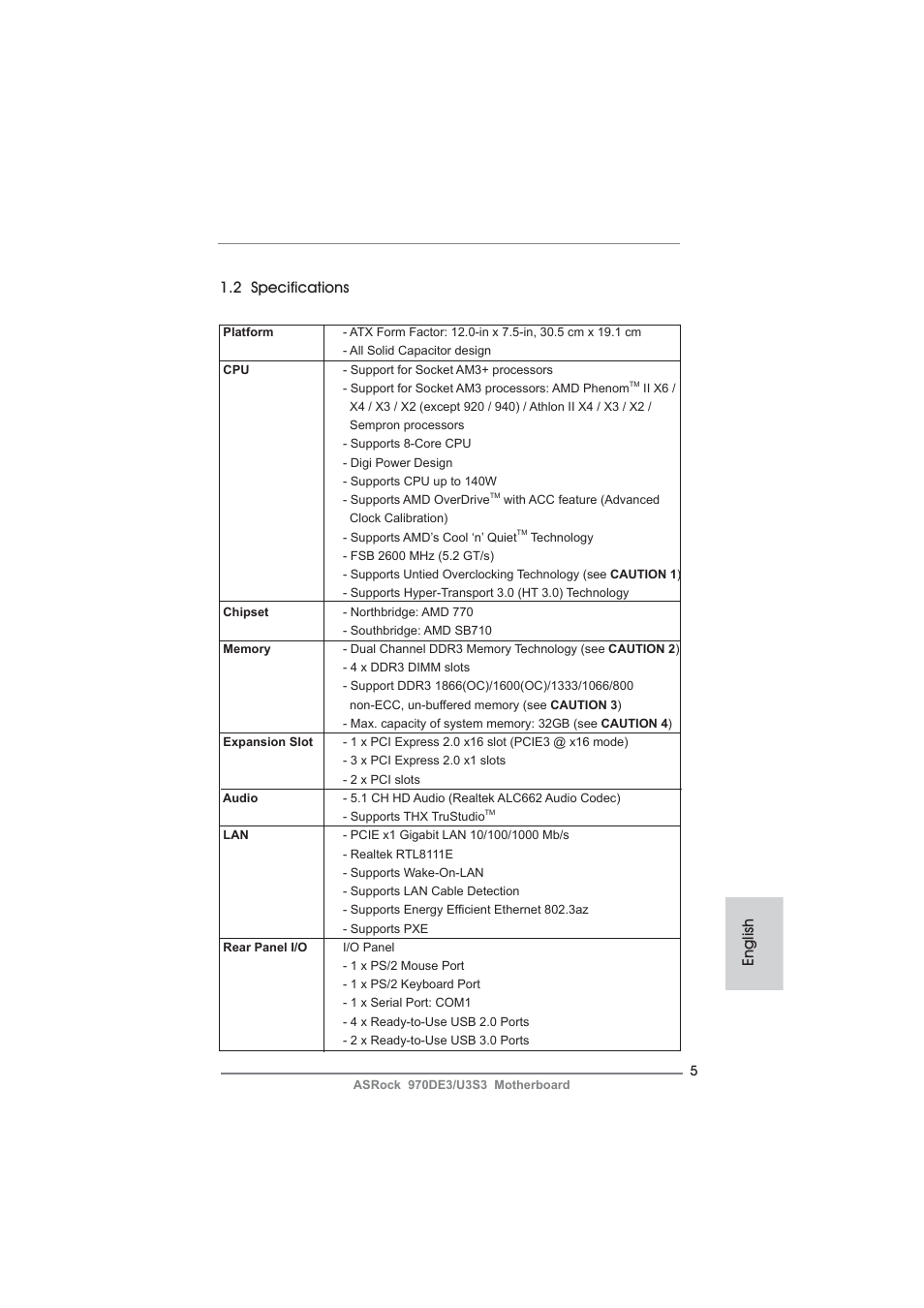 English 1.2 specifications | ASRock 970DE3__U3S3 User Manual | Page 5 / 179