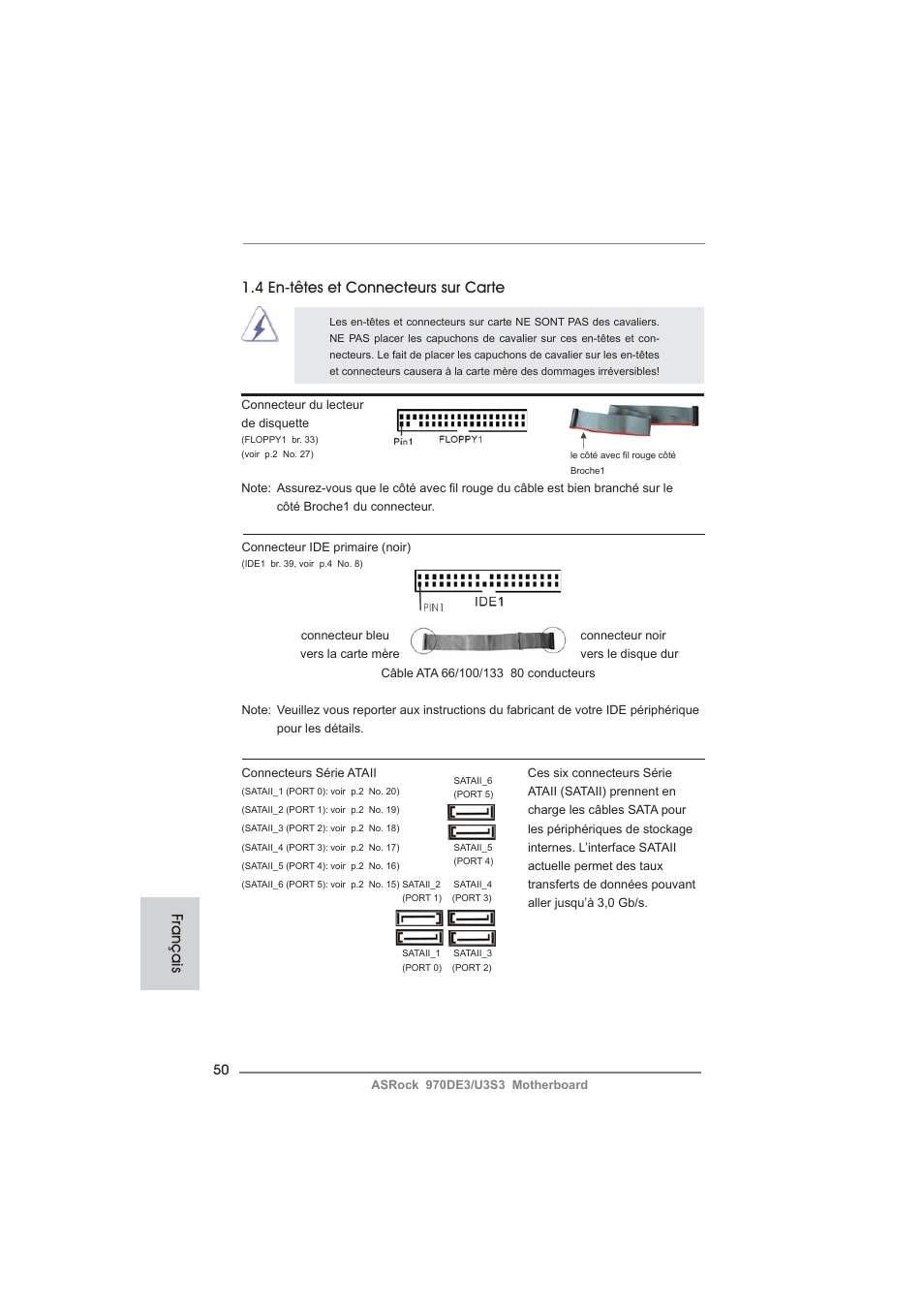 Français, 4 en-têtes et connecteurs sur carte | ASRock 970DE3__U3S3 User Manual | Page 50 / 179