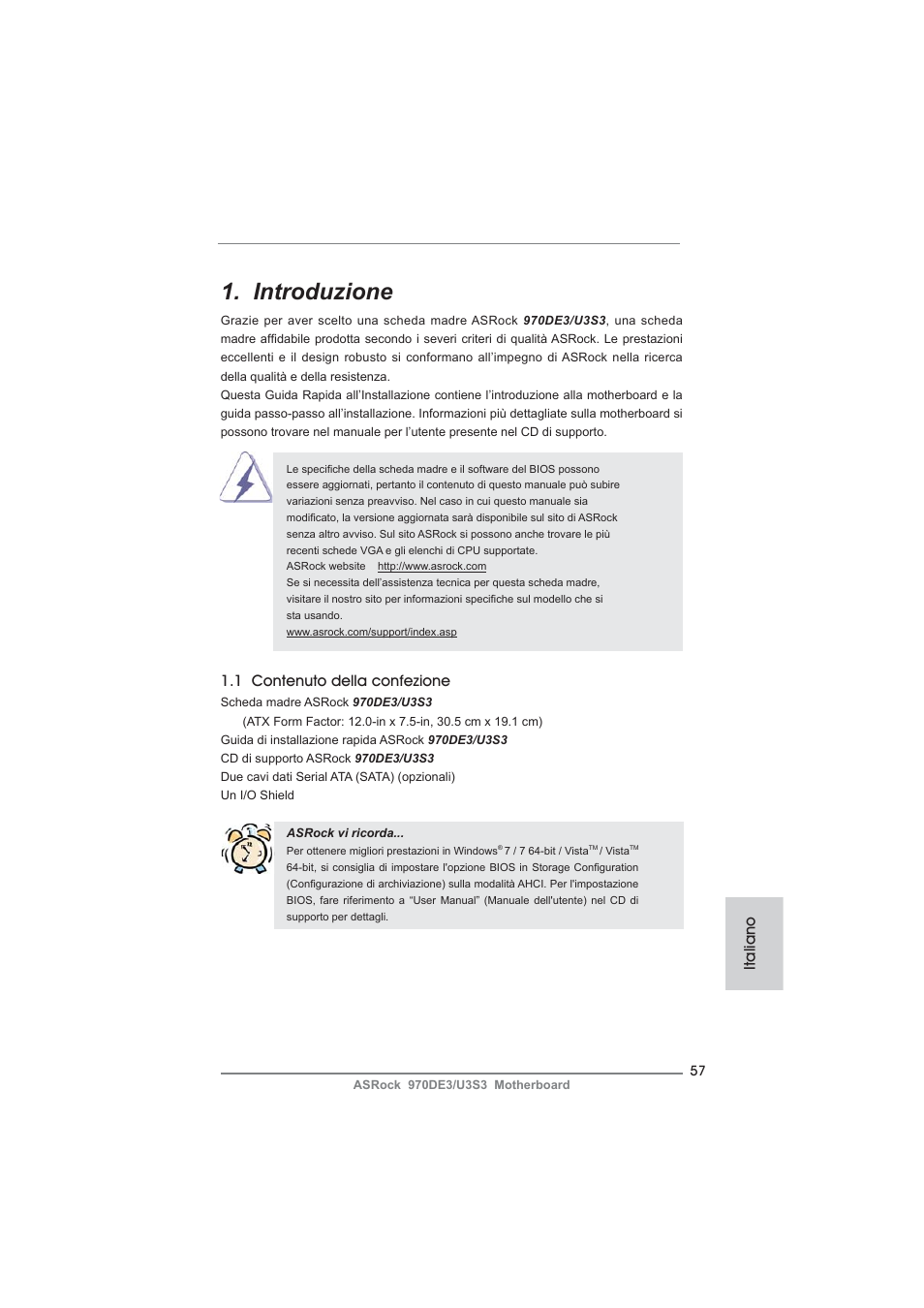 Italian, Introduzione, Italiano | 1 contenuto della confezione | ASRock 970DE3__U3S3 User Manual | Page 57 / 179