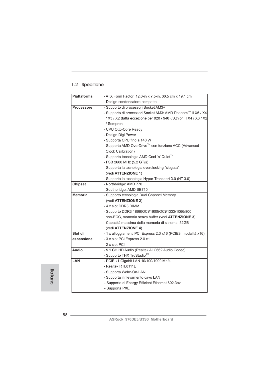 2 specifiche, Italiano | ASRock 970DE3__U3S3 User Manual | Page 58 / 179