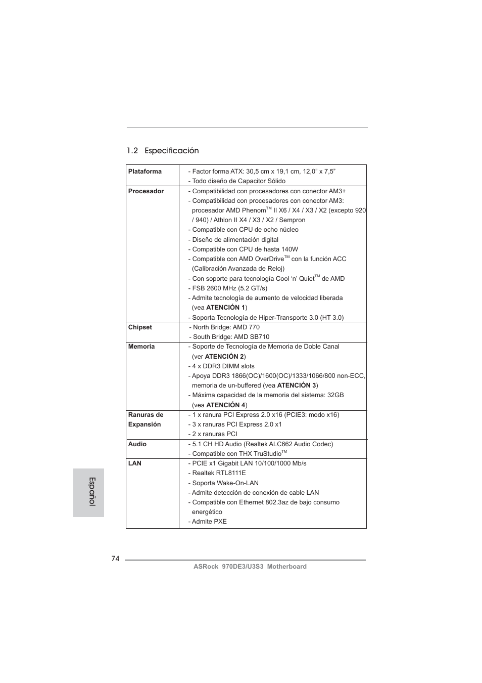 2 especificación, Español | ASRock 970DE3__U3S3 User Manual | Page 74 / 179