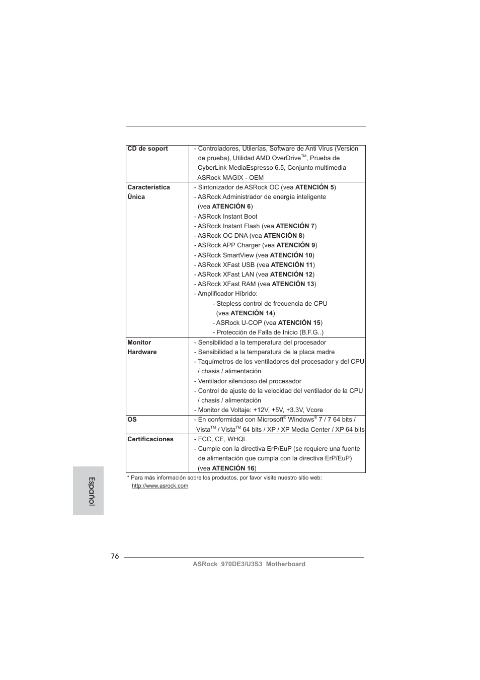 Español | ASRock 970DE3__U3S3 User Manual | Page 76 / 179