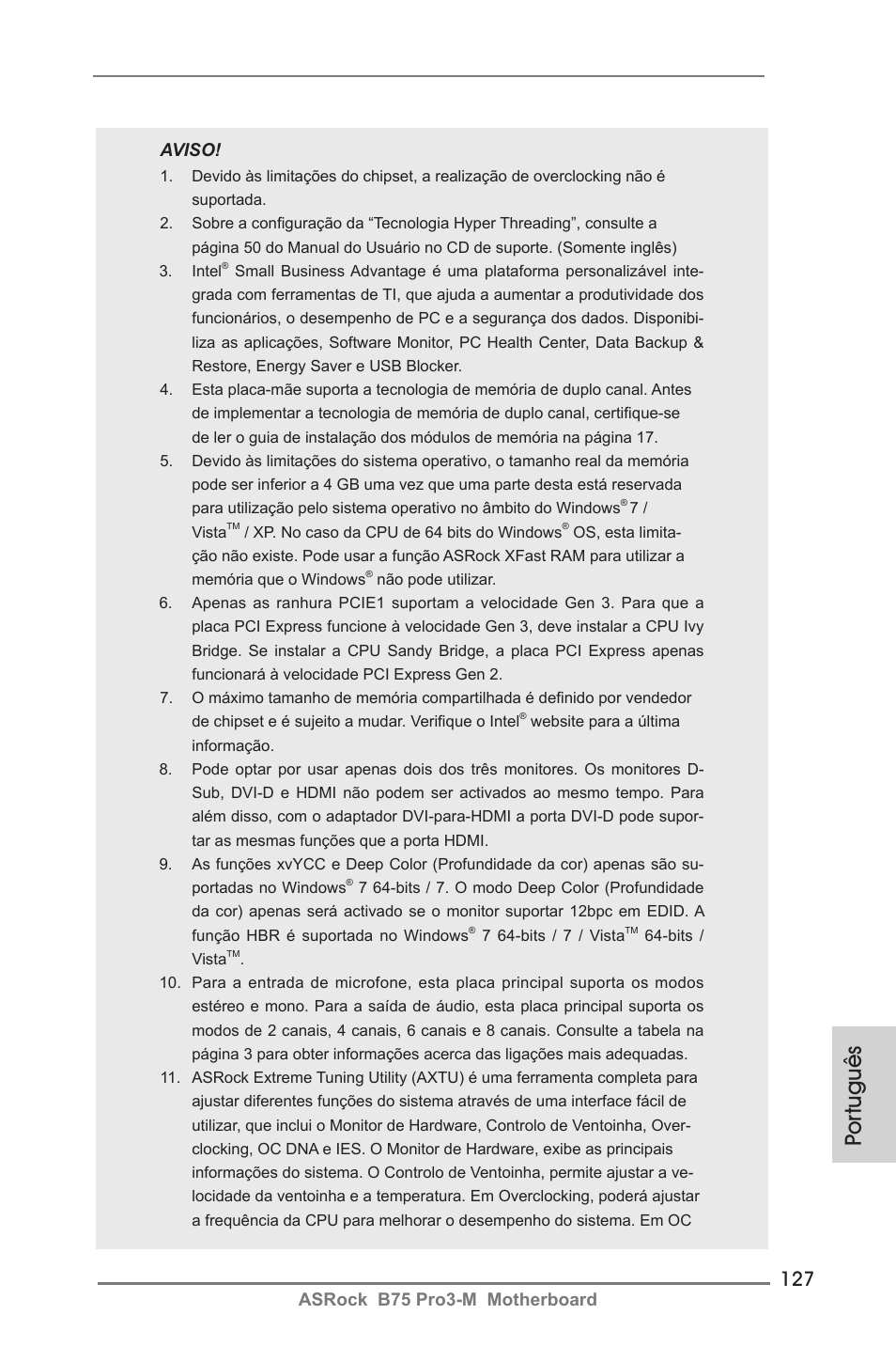 Por tuguês, Asrock b75 pro3-m motherboard, Aviso | ASRock B75 Pro3-M User Manual | Page 127 / 221