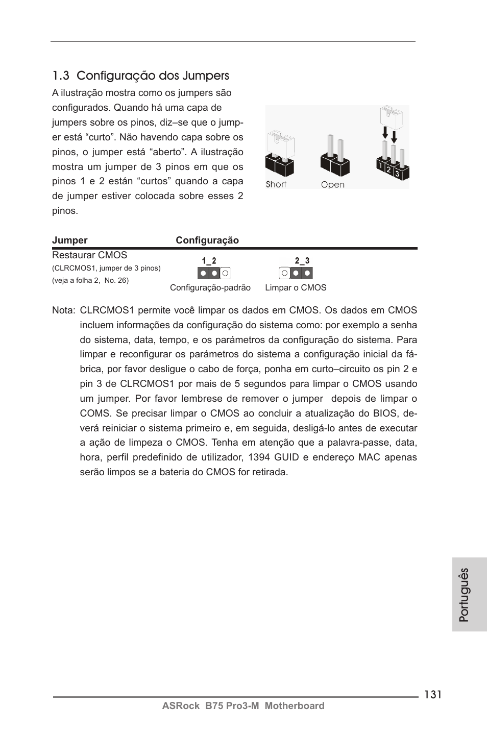 3 configuração dos jumpers, Por tuguês | ASRock B75 Pro3-M User Manual | Page 131 / 221