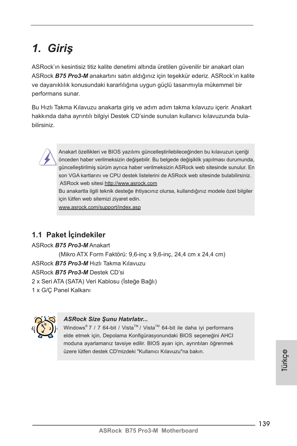 Turkish, Giriş, Türkçe | 1 paket içindekiler | ASRock B75 Pro3-M User Manual | Page 139 / 221