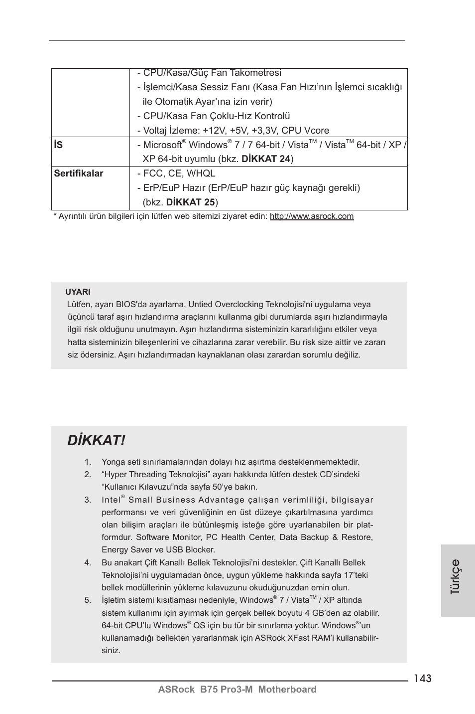 Dikkat, Türkçe | ASRock B75 Pro3-M User Manual | Page 143 / 221