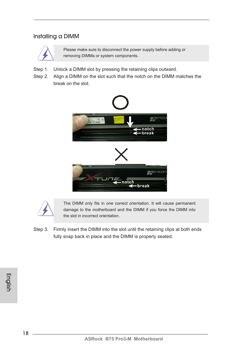 English installing a dimm | ASRock B75 Pro3-M User Manual | Page 18 / 221