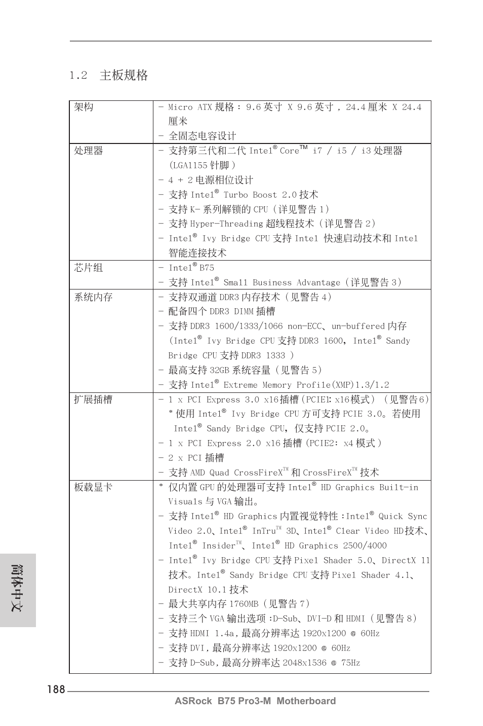 2 主板規格, 簡體中文 | ASRock B75 Pro3-M User Manual | Page 188 / 221