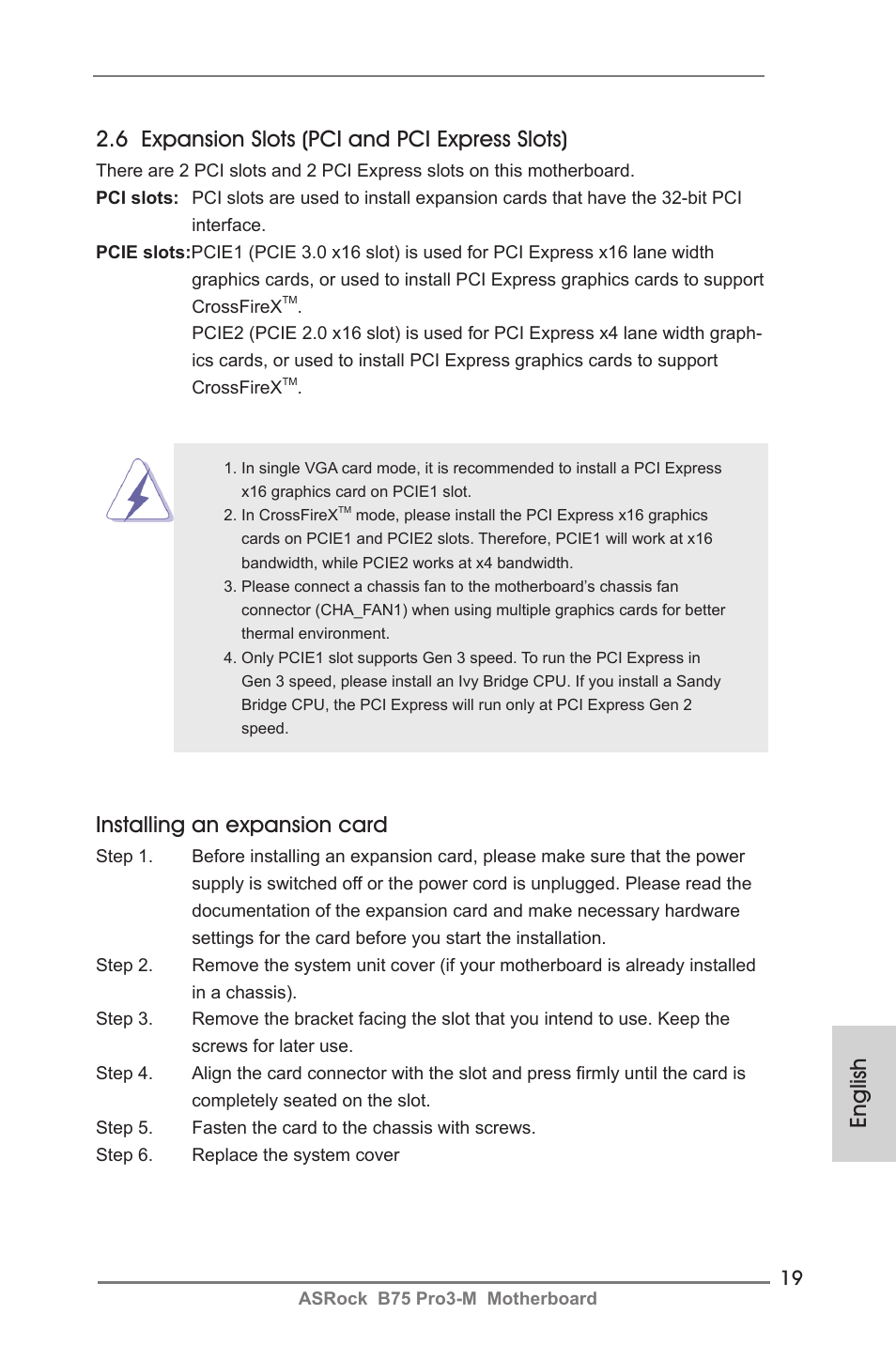 Installing an expansion card | ASRock B75 Pro3-M User Manual | Page 19 / 221