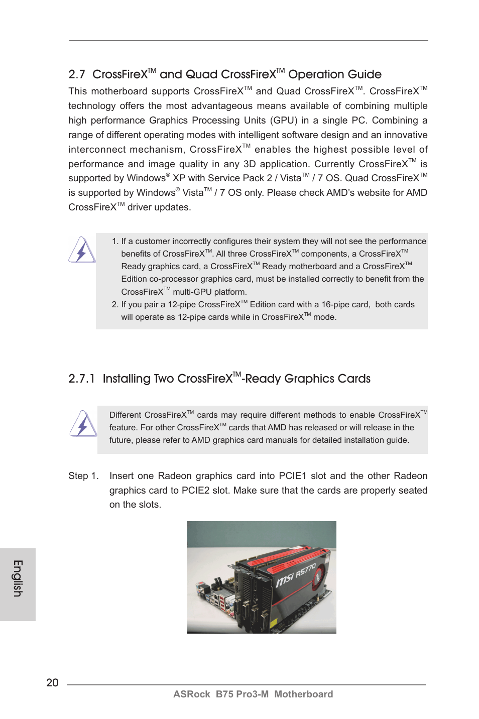 English 2.7 crossfirex, And quad crossfirex, Operation guide | 1 installing two crossfirex, Ready graphics cards | ASRock B75 Pro3-M User Manual | Page 20 / 221