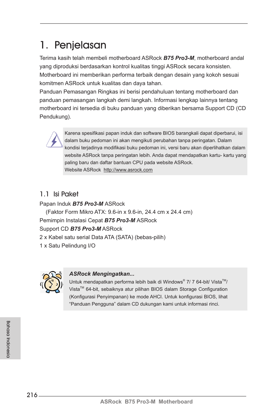 Indonesian, Penjelasan, 1 isi paket | ASRock B75 Pro3-M User Manual | Page 216 / 221