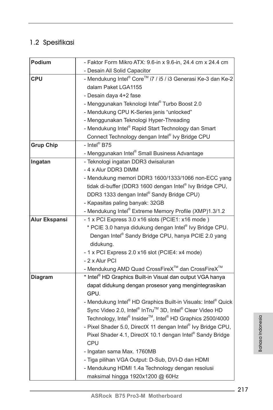 2 spesifikasi | ASRock B75 Pro3-M User Manual | Page 217 / 221
