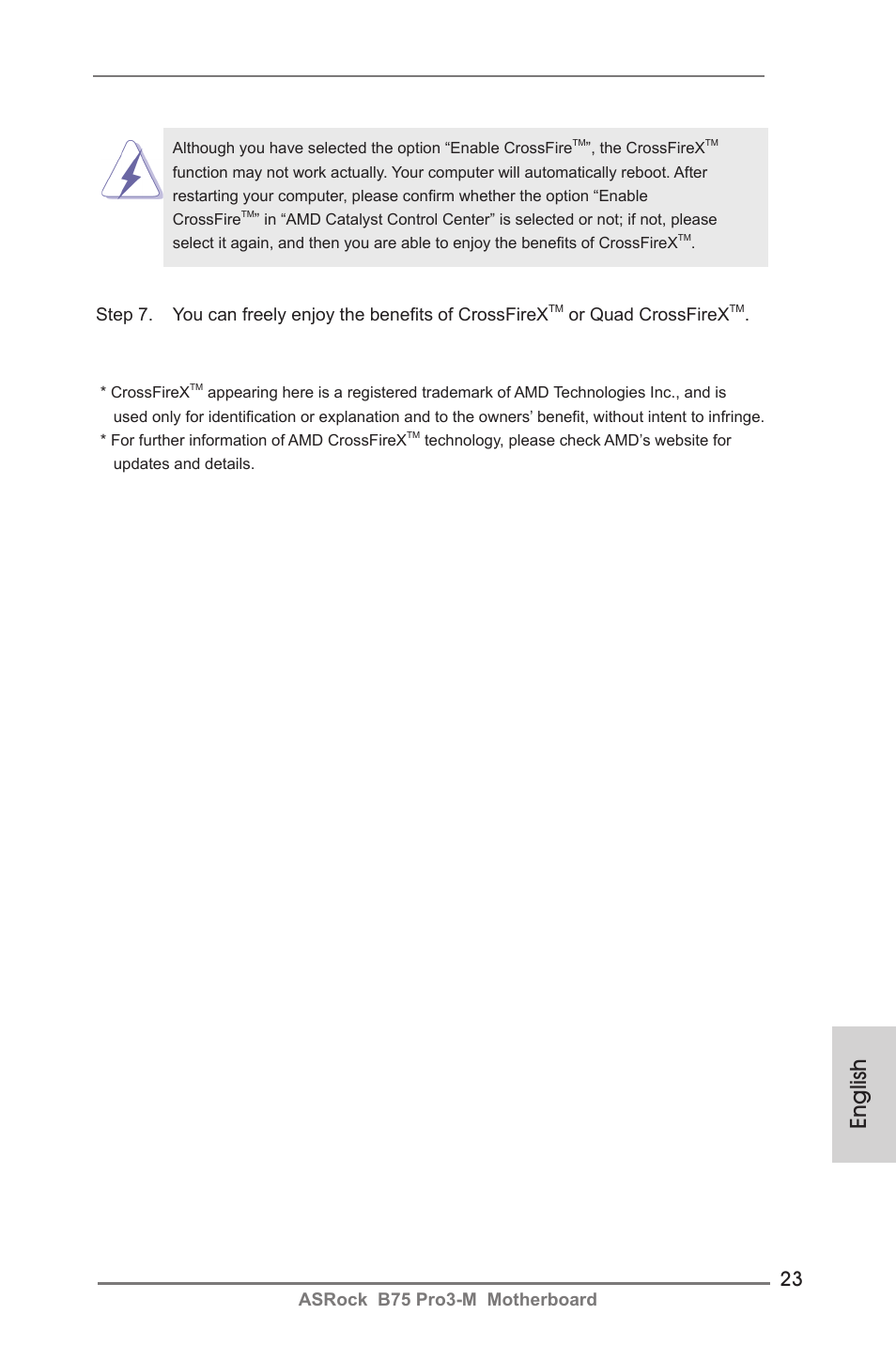 English, Asrock b75 pro3-m motherboard, Or quad crossfirex | ASRock B75 Pro3-M User Manual | Page 23 / 221