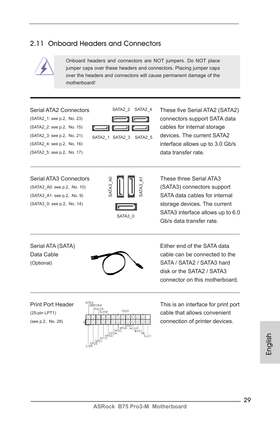 English 2.11 onboard headers and connectors | ASRock B75 Pro3-M User Manual | Page 29 / 221