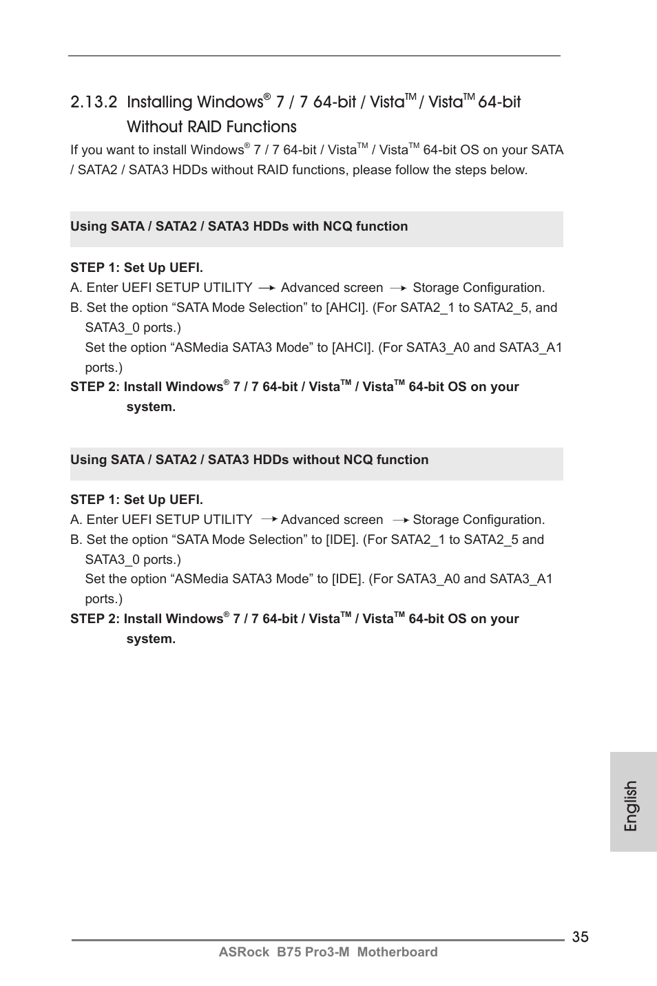 English 2.13.2 installing windows, 7 / 7 64-bit / vista, Vista | Bit without raid functions | ASRock B75 Pro3-M User Manual | Page 35 / 221