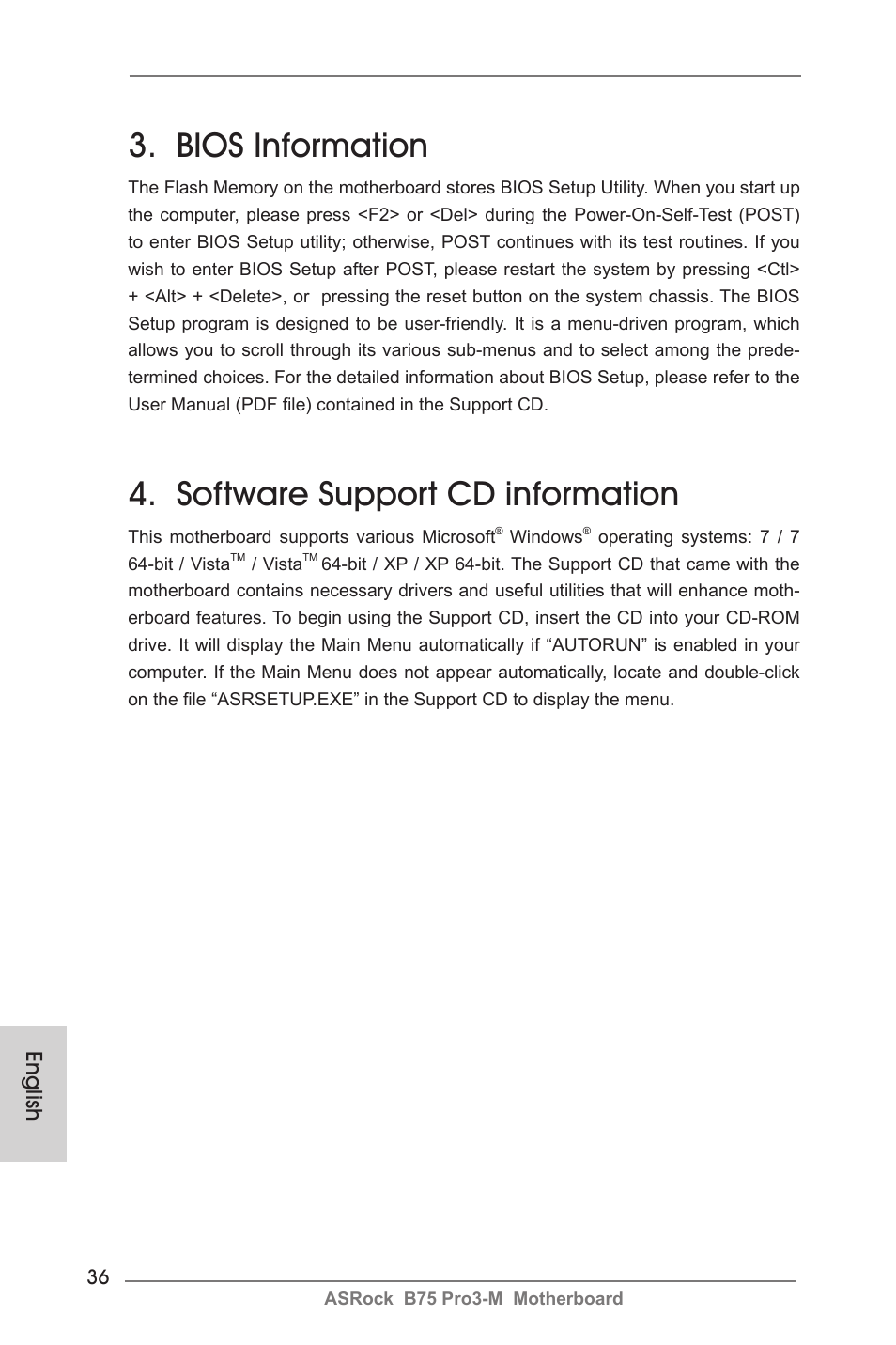 Bios information, Software support cd information, English | ASRock B75 Pro3-M User Manual | Page 36 / 221