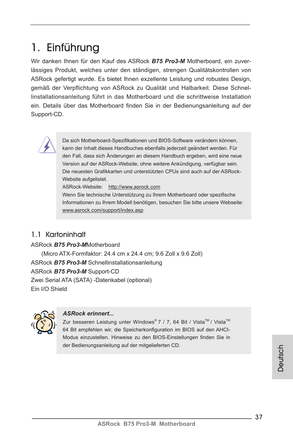 German, Einführung, 1 kartoninhalt | Deutsch | ASRock B75 Pro3-M User Manual | Page 37 / 221