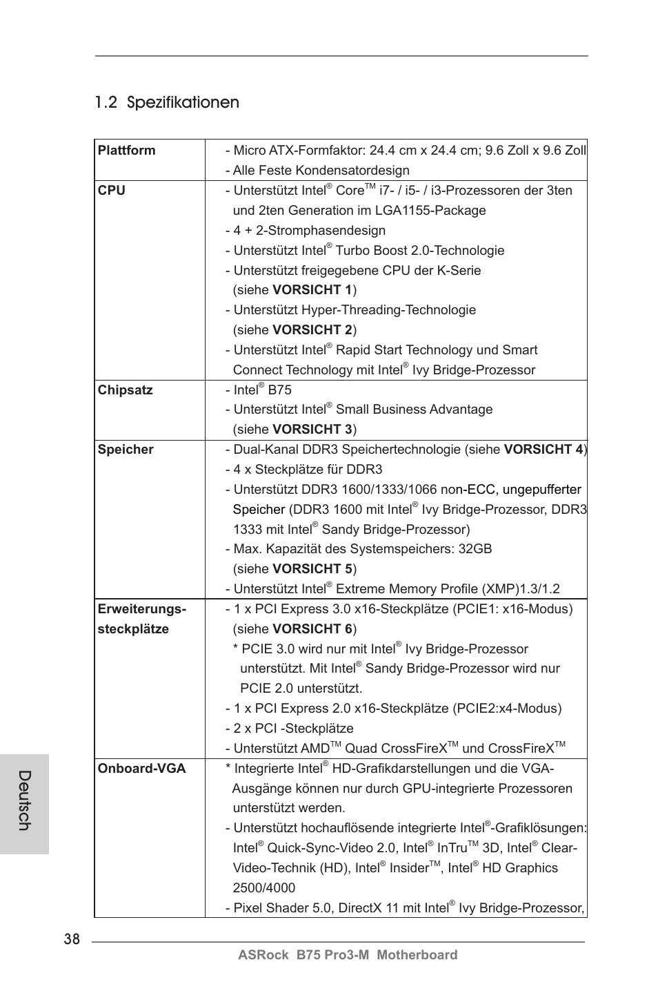 Deutsch 1.2 spezifikationen | ASRock B75 Pro3-M User Manual | Page 38 / 221