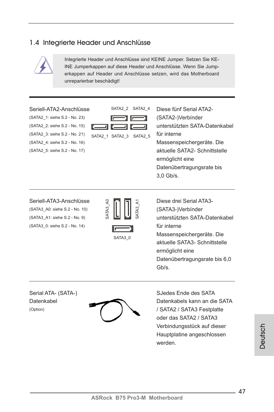 Deutsch 1.4 integrierte header und anschlüsse | ASRock B75 Pro3-M User Manual | Page 47 / 221