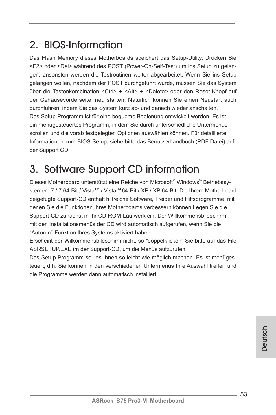 Bios-information, Software support cd information, Deutsch | ASRock B75 Pro3-M User Manual | Page 53 / 221