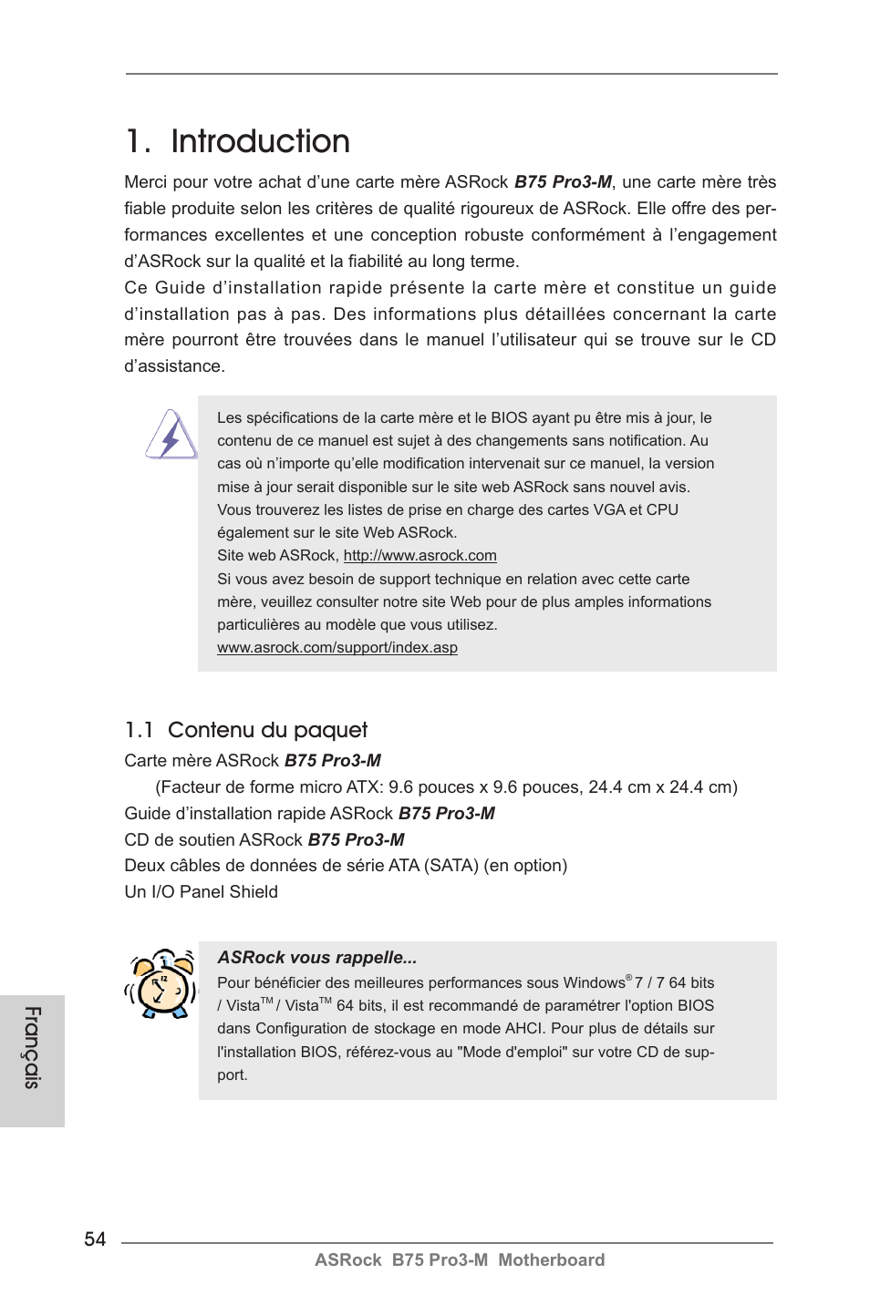 French, Introduction, 1 contenu du paquet | Français | ASRock B75 Pro3-M User Manual | Page 54 / 221