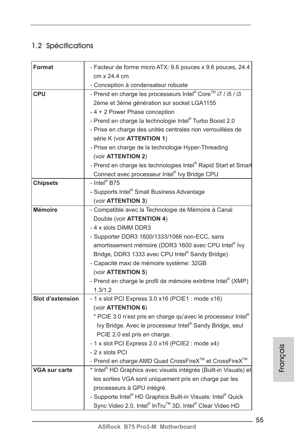 Français 1.2 spécifications | ASRock B75 Pro3-M User Manual | Page 55 / 221