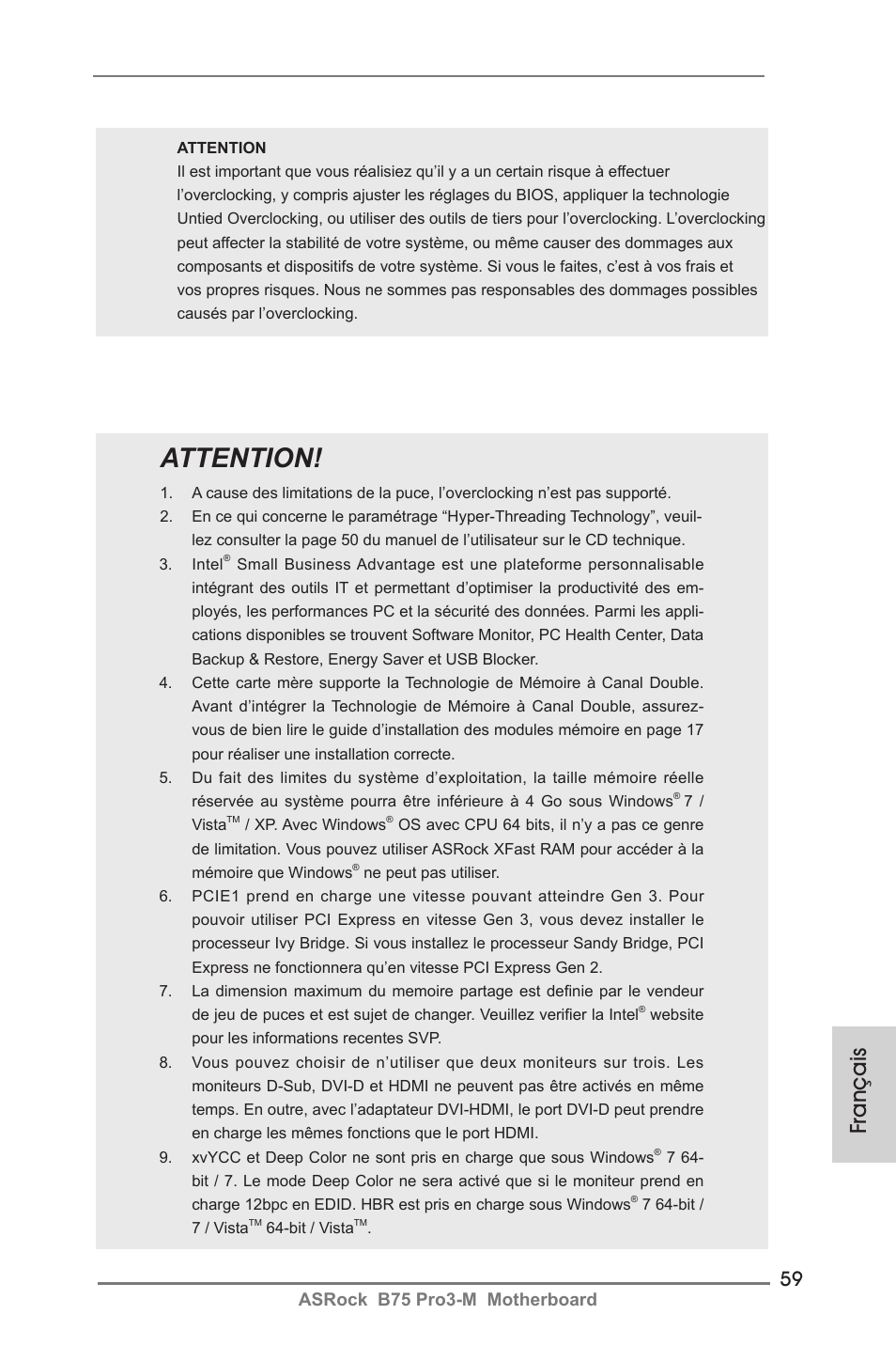 Attention, Français, Asrock b75 pro3-m motherboard | ASRock B75 Pro3-M User Manual | Page 59 / 221
