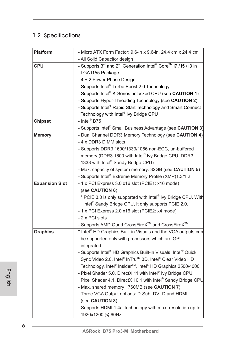 English 1.2 specifications | ASRock B75 Pro3-M User Manual | Page 6 / 221