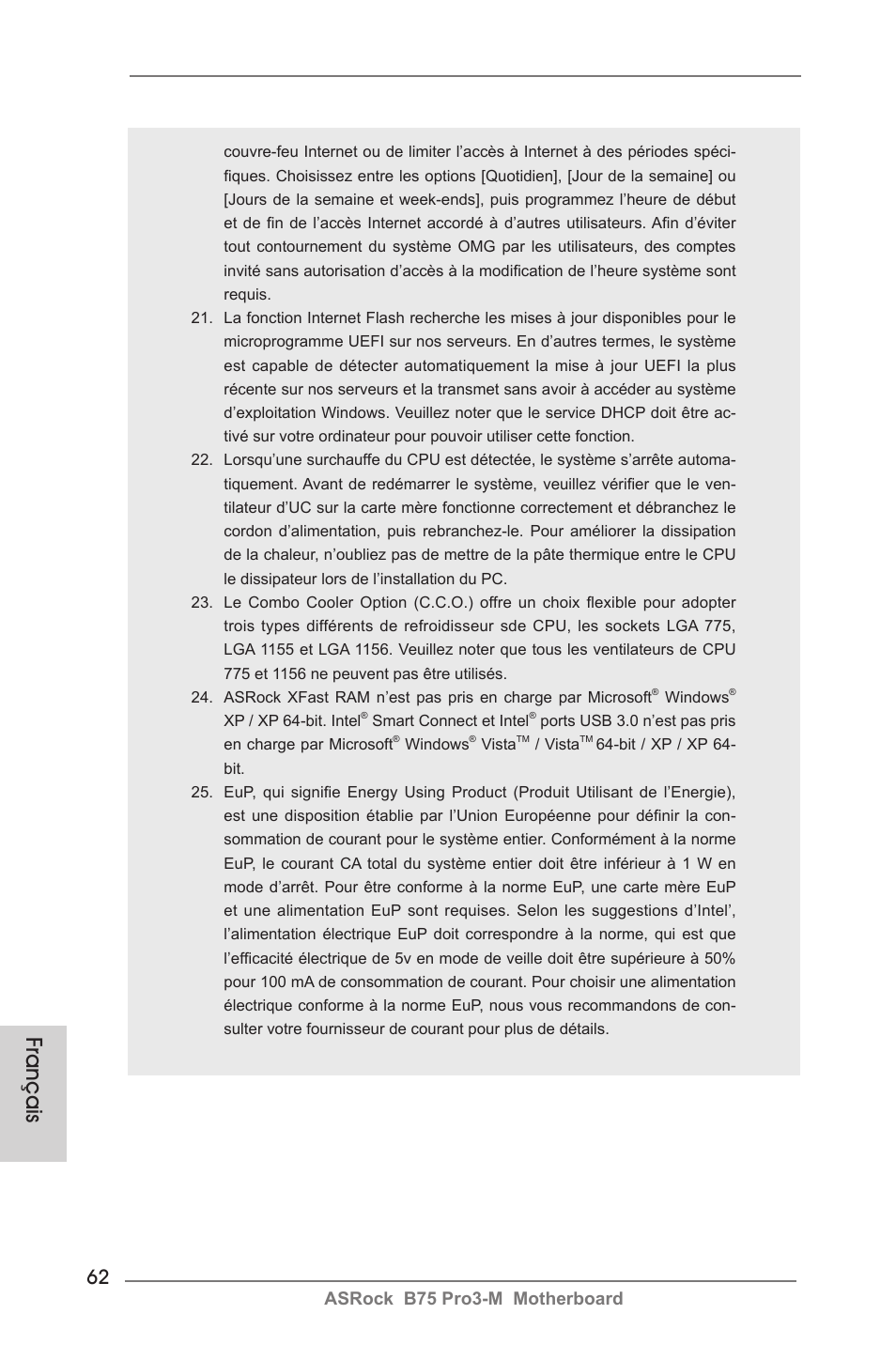 Français, Asrock b75 pro3-m motherboard | ASRock B75 Pro3-M User Manual | Page 62 / 221
