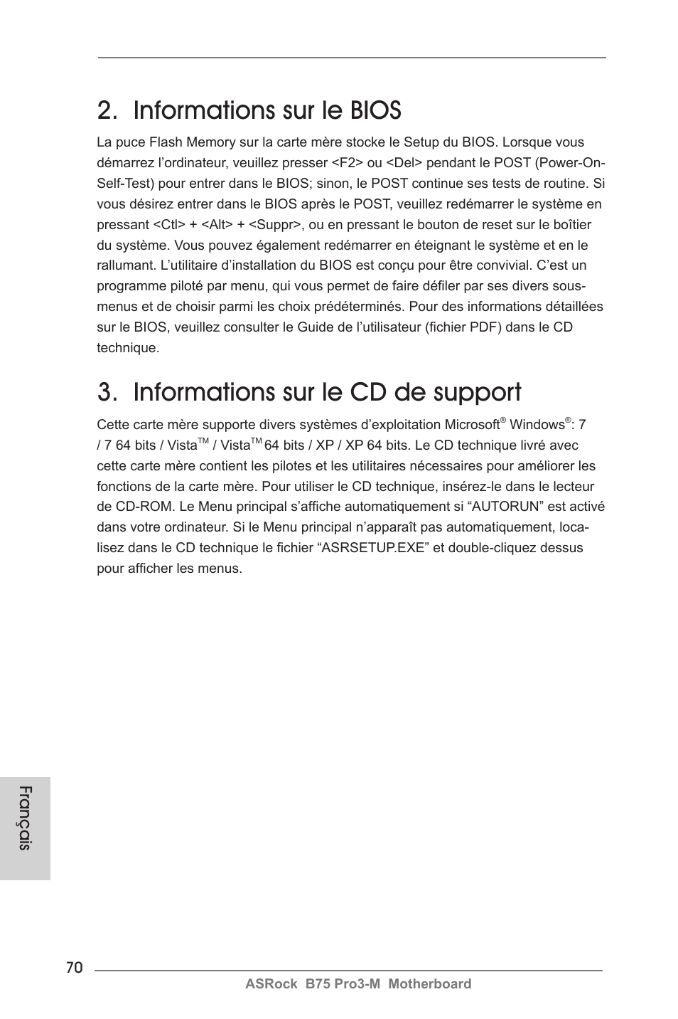 Informations sur le bios, Informations sur le cd de support, Français | ASRock B75 Pro3-M User Manual | Page 70 / 221