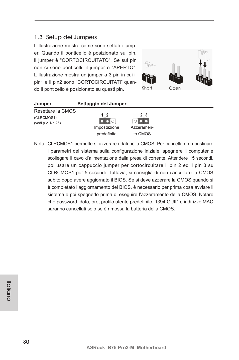 3 setup dei jumpers, Italiano | ASRock B75 Pro3-M User Manual | Page 80 / 221