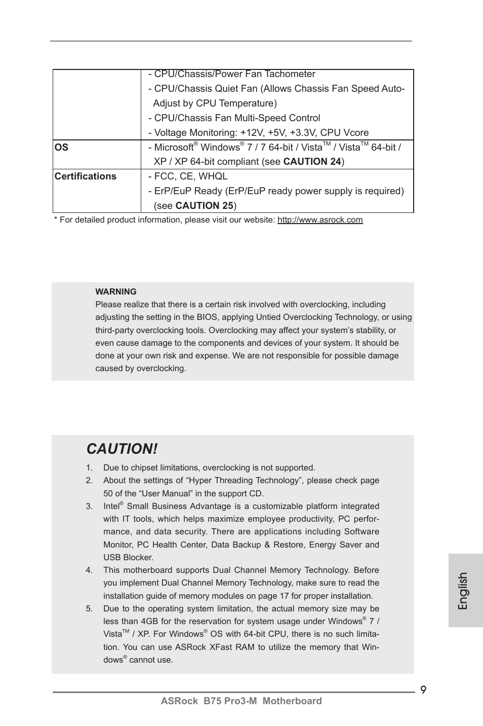 Caution, English | ASRock B75 Pro3-M User Manual | Page 9 / 221