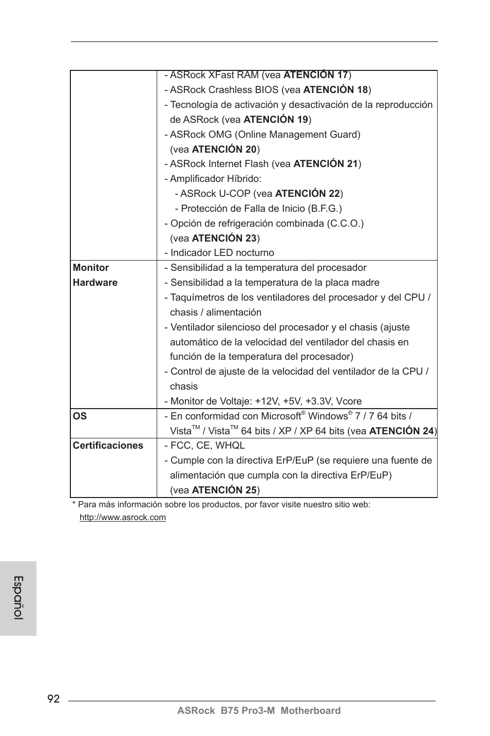 Español | ASRock B75 Pro3-M User Manual | Page 92 / 221