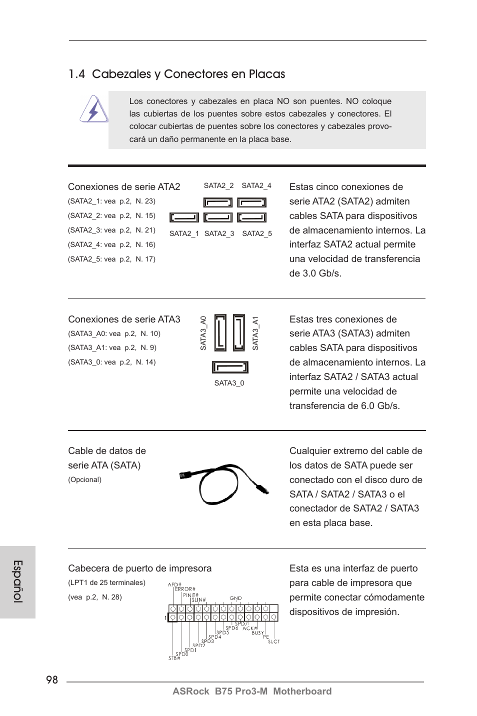 4 cabezales y conectores en placas, Español | ASRock B75 Pro3-M User Manual | Page 98 / 221